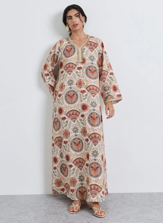 Amirah Beige All Over Front Embroidered Panel Jalabiya