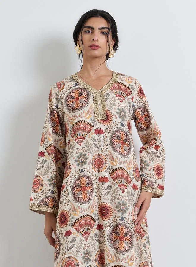 Amirah Beige All Over Front Embroidered Panel Jalabiya