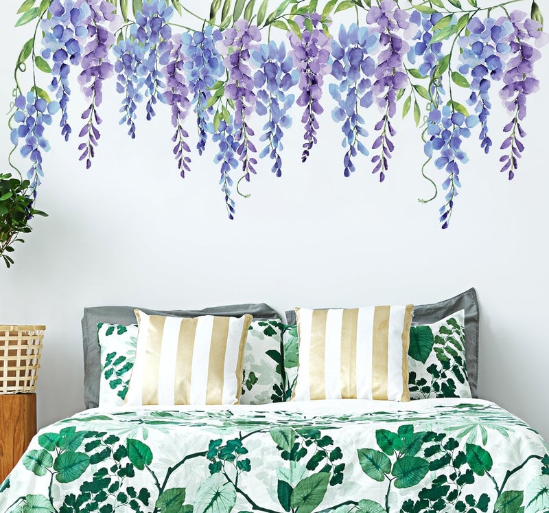 VePret Purple Flowers Wall Decals Peel and Stick  Large Wisteria Floral Vinyl Wall Stickers  Removable Vine Home Decor Art for Bedroom Living Room Classroom Office - Image 1