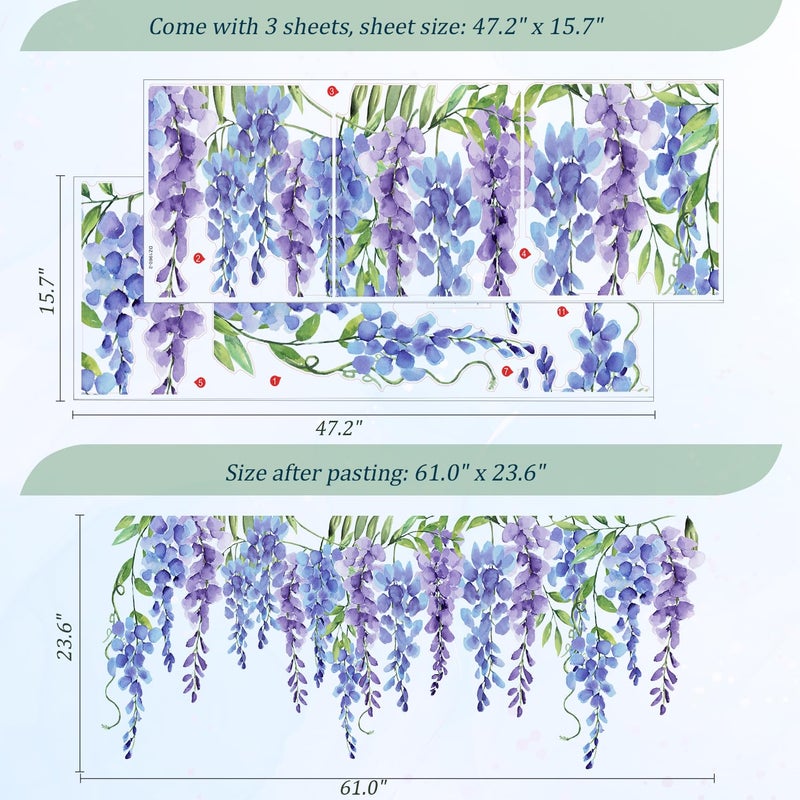 VePret Purple Flowers Wall Decals Peel and Stick  Large Wisteria Floral Vinyl Wall Stickers  Removable Vine Home Decor Art for Bedroom Living Room Classroom Office - Image 3