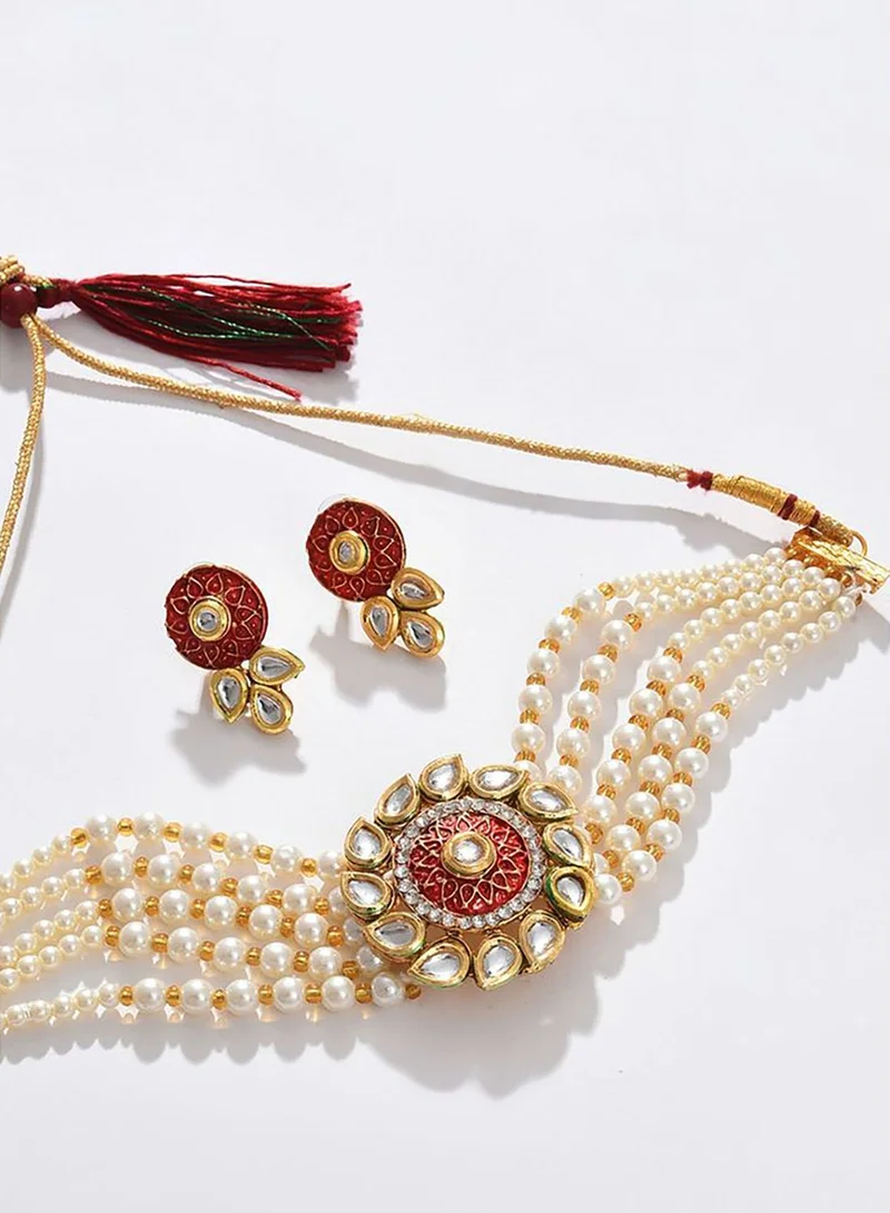 SOHI Gold Plated Kundan Pearl Necklace and Earrings Set