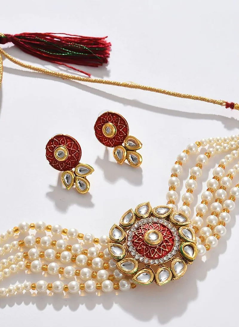 SOHI Gold Plated Kundan Pearl Necklace and Earrings Set