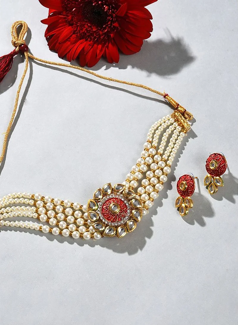 SOHI Gold Plated Kundan Pearl Necklace and Earrings Set