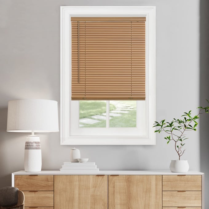 CORDLESS LIGHT FILTERING MINI BLIND 34 INCH WIDTH 64 INCH LENGTH 1 SLAT SIZE WOODTONE CORDLESS GII MORNINGSTAR HORIZONTAL WINDOWS BLINDS FOR INTERIOR BY HOME DECOR