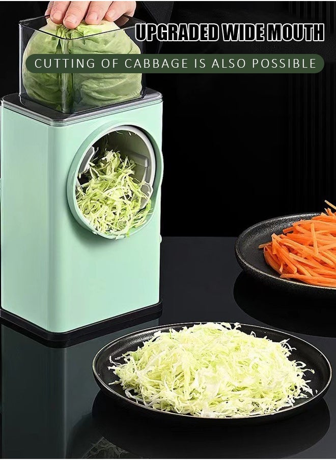 Vegetable shredder and mandolin slicer, equipped with stainless steel blades, with large capacity and adjustable thickness, featuring safety features for shredding and cutting vegetables and fruits.