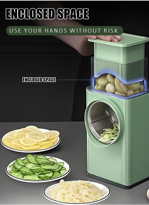 Vegetable shredder and mandolin slicer, equipped with stainless steel blades, with large capacity and adjustable thickness, featuring safety features for shredding and cutting vegetables and fruits.