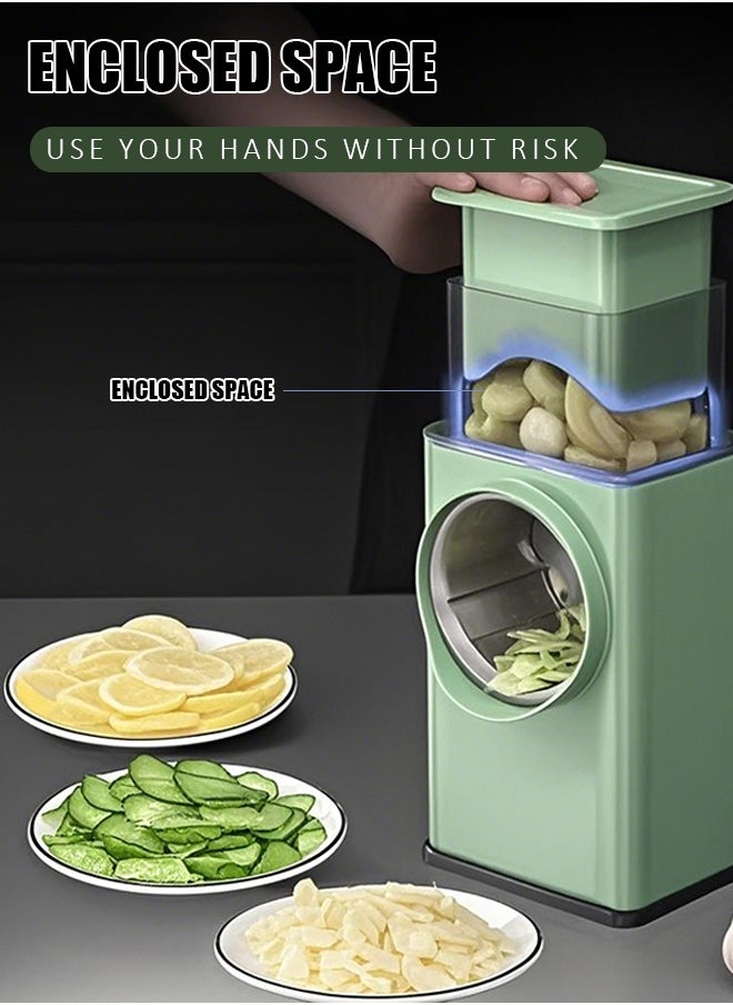 Vegetable shredder and mandolin slicer, equipped with stainless steel blades, with large capacity and adjustable thickness, featuring safety features for shredding and cutting vegetables and fruits.