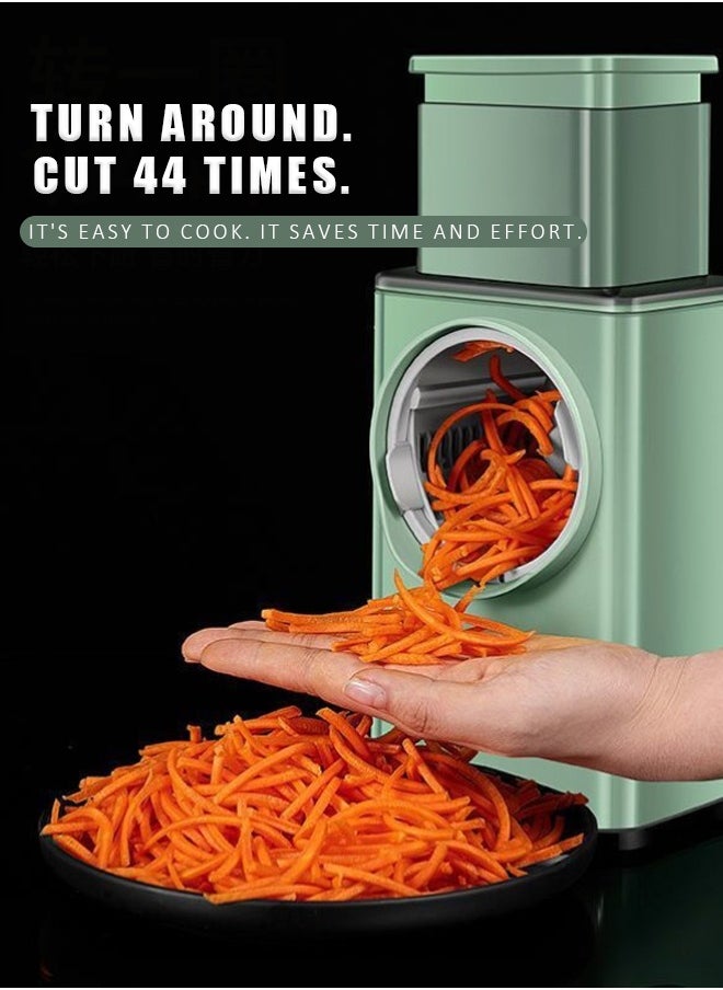 Vegetable shredder and mandolin slicer, equipped with stainless steel blades, with large capacity and adjustable thickness, featuring safety features for shredding and cutting vegetables and fruits.