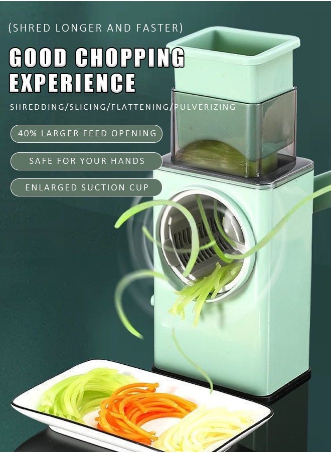Vegetable shredder and mandolin slicer, equipped with stainless steel blades, with large capacity and adjustable thickness, featuring safety features for shredding and cutting vegetables and fruits.