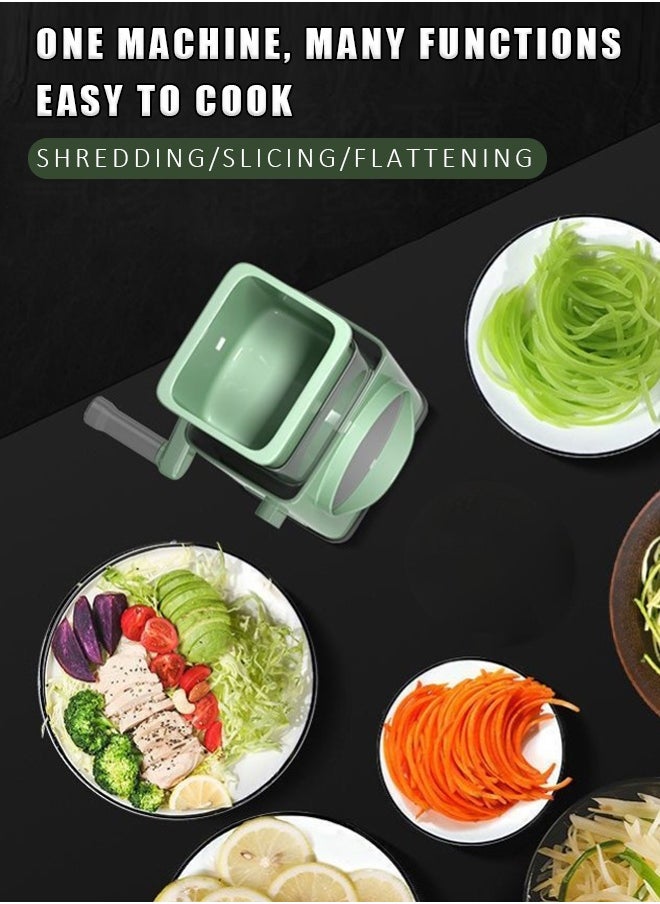 Vegetable shredder and mandolin slicer, equipped with stainless steel blades, with large capacity and adjustable thickness, featuring safety features for shredding and cutting vegetables and fruits.