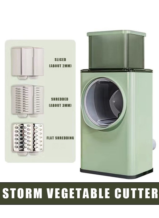 Vegetable shredder and mandolin slicer, equipped with stainless steel blades, with large capacity and adjustable thickness, featuring safety features for shredding and cutting vegetables and fruits.