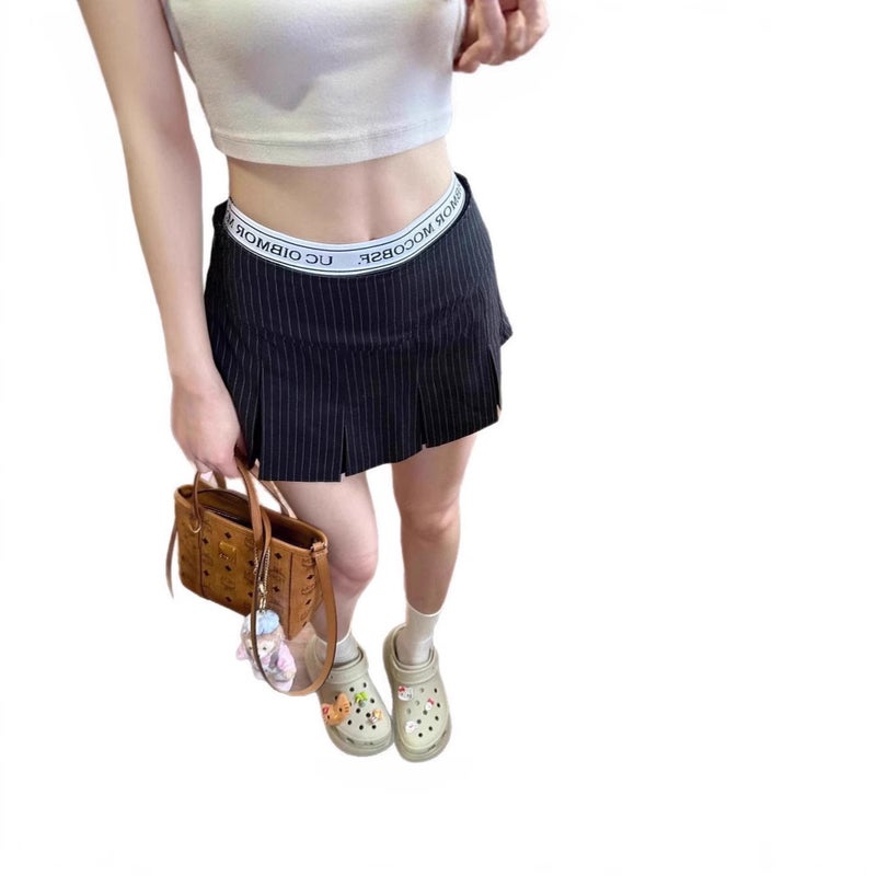 تنورة قصيرة مخططة مطوية على شكل حرف A للنساء، خصر منخفض، ضيقة، أسلوب حار وحلو - Image 5