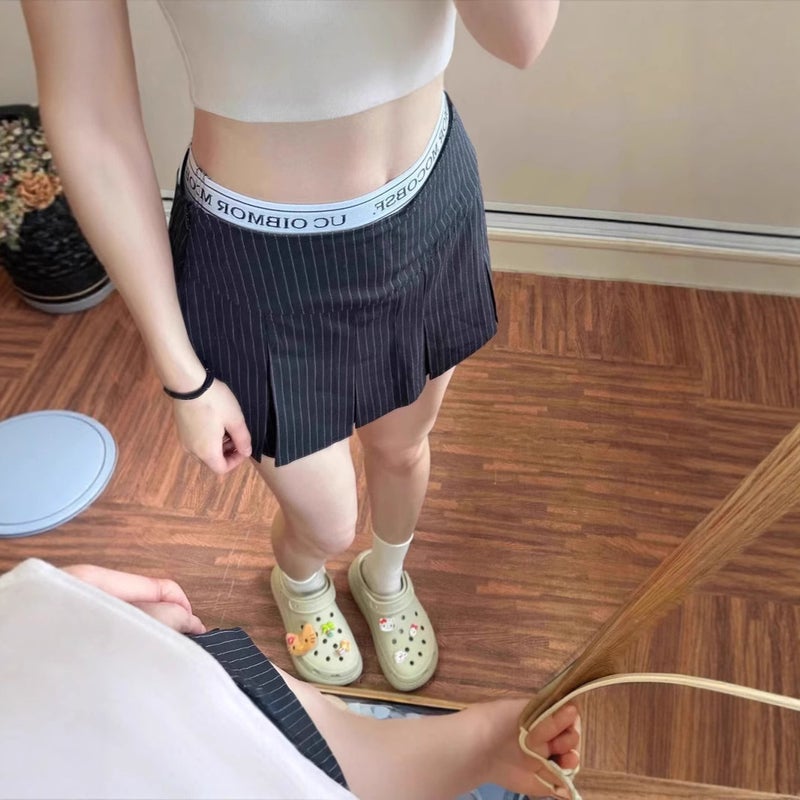 تنورة قصيرة مخططة مطوية على شكل حرف A للنساء، خصر منخفض، ضيقة، أسلوب حار وحلو - Image 3