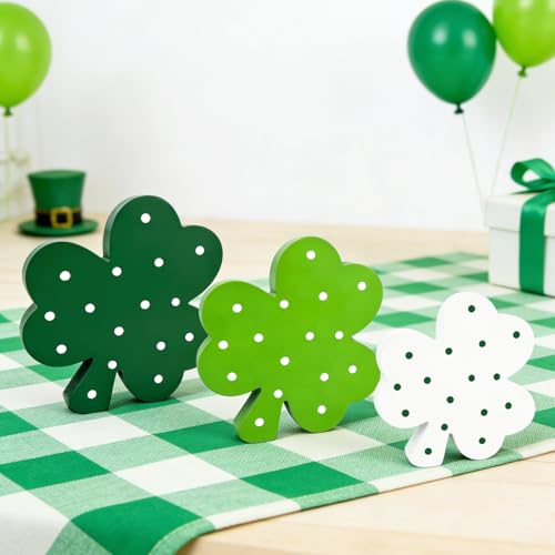 Leetous St Patricks Day Decorations 3 PCS, Wooden Green Shamrock Decoration for Home Table, Irish Lucky Clover Signs Decor for Tiered Tray Mantel Office, Saint Patricks Gifts Centerpiece for Indoor Party Desk - Image 1