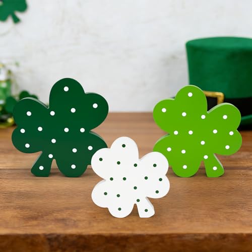 Leetous St Patricks Day Decorations 3 PCS, Wooden Green Shamrock Decoration for Home Table, Irish Lucky Clover Signs Decor for Tiered Tray Mantel Office, Saint Patricks Gifts Centerpiece for Indoor Party Desk - Image 2