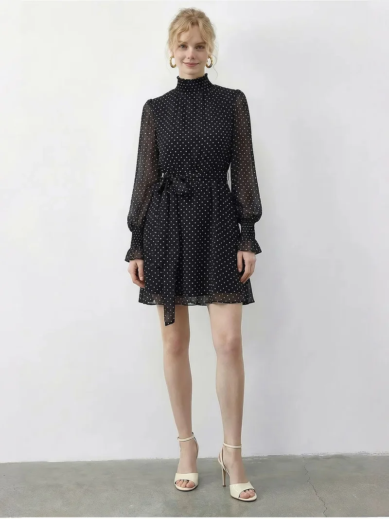 بيانكو لوتشي LUCCI Polka Dot Half Turtleneck Mini Dress with Belt