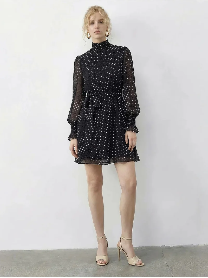 بيانكو لوتشي LUCCI Polka Dot Half Turtleneck Mini Dress with Belt