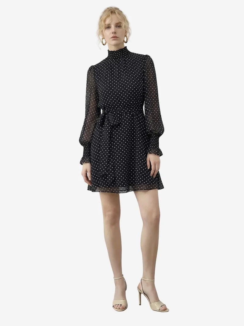 Bianco Lucci LUCCI Polka Dot Half Turtleneck Mini Dress with Belt