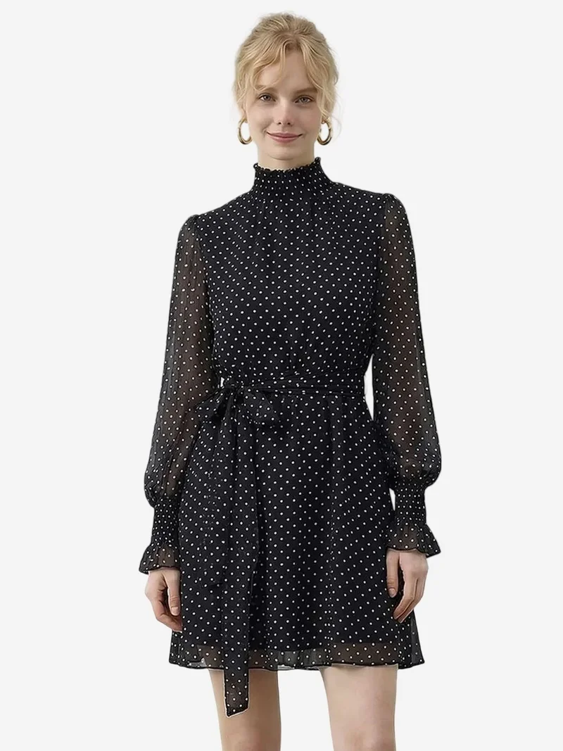 Bianco Lucci LUCCI Polka Dot Half Turtleneck Mini Dress with Belt
