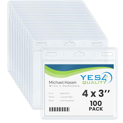 Yes4Quality - Horizontal Card Holder - 4x3 Inch, 100 Pack - Clear Name Badge Protector for ID Tags - Heavy-Duty No Zipper Nametag Badges - Quick Load for Easy Card Insert - Image 1