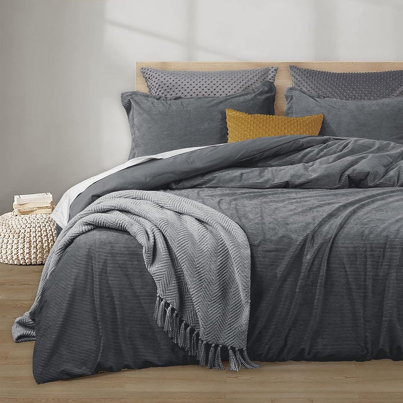 PHF Luxurious Velvet Corduroy Duvet Cover Set King, 3PCS Flannel Soft Comforter Cover Set for All Season, Cozy Durable Duvet Cover with Pillow Shams Bedding Collection, 104" x 90", Grey - Image 1