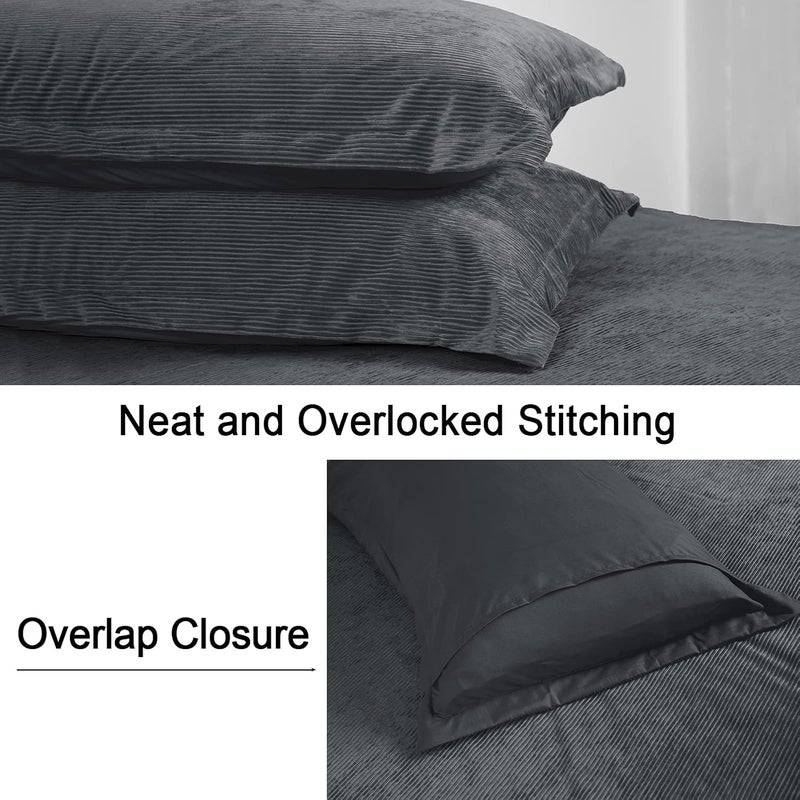 PHF Luxurious Velvet Corduroy Duvet Cover Set King, 3PCS Flannel Soft Comforter Cover Set for All Season, Cozy Durable Duvet Cover with Pillow Shams Bedding Collection, 104" x 90", Grey - Image 4