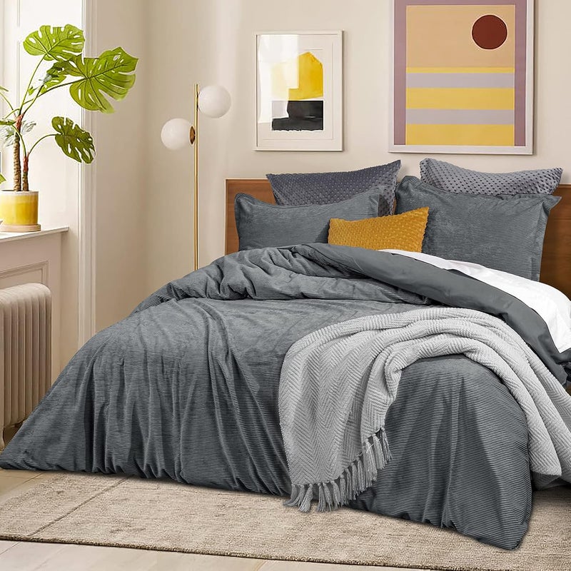 PHF Luxurious Velvet Corduroy Duvet Cover Set King, 3PCS Flannel Soft Comforter Cover Set for All Season, Cozy Durable Duvet Cover with Pillow Shams Bedding Collection, 104" x 90", Grey - Image 2