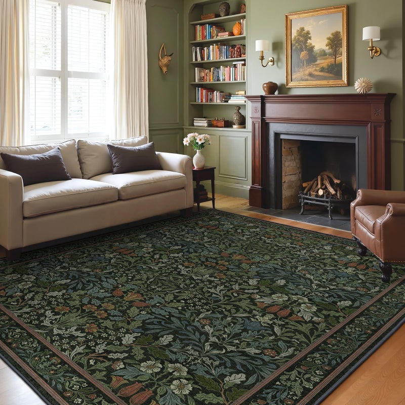 GENIMO 8x10 Washable Area Rug, Non-Slip Vintage Boho Floral Carpet, Large Area Rug for Living Room, Soft Low-Pile Thin Living Room Rug for Bedroom, Dining Room, Nursery, Dark Green - Image 1