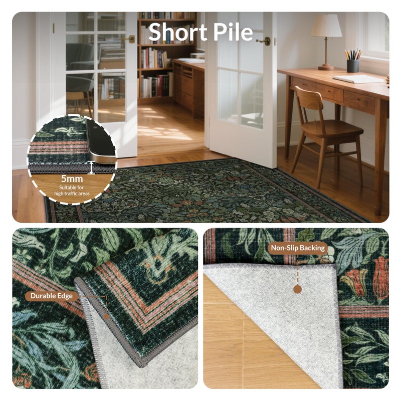 GENIMO 8x10 Washable Area Rug, Non-Slip Vintage Boho Floral Carpet, Large Area Rug for Living Room, Soft Low-Pile Thin Living Room Rug for Bedroom, Dining Room, Nursery, Dark Green - Image 4