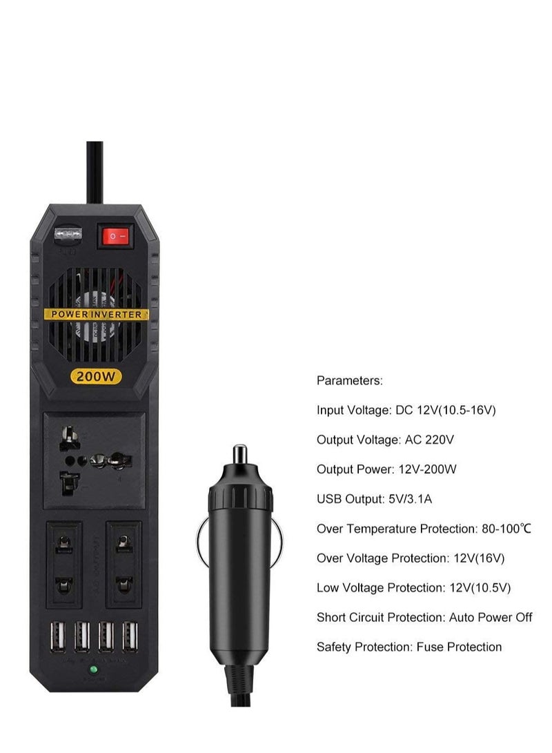 200W Power Inverter, DC 12V to AC 220V Car Power Inverter with 4 USB Ports Multi-Protection Car Charger Adapter - Image 5