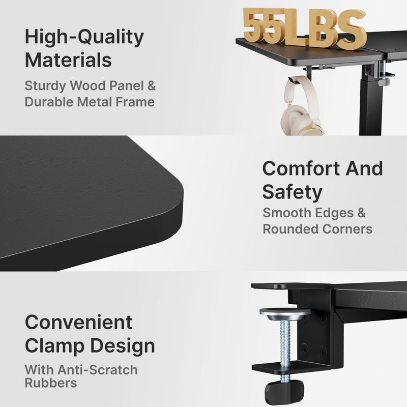 PEGZONE Desk Extender Tray, 24" x 12" Clamp On Desk Shelf, Desk Extension with Laptop Holder, Table Desk Arm Rest, Clamp On Keyboard Tray for Office and Home, Workstation Organizer, Medium, Black - Image 3