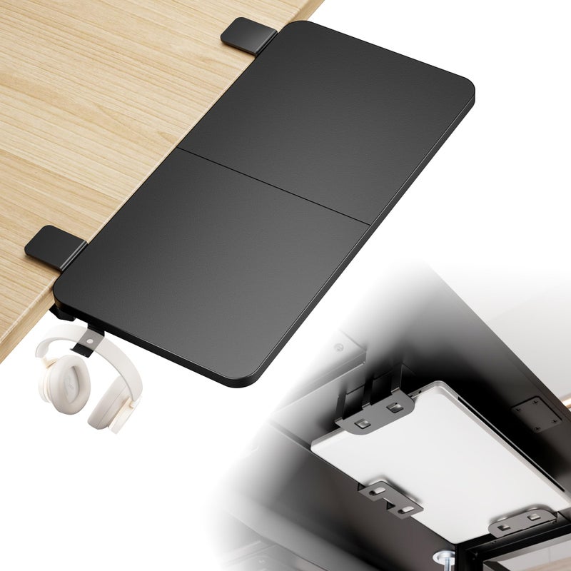 PEGZONE Desk Extender Tray, 24" x 12" Clamp On Desk Shelf, Desk Extension with Laptop Holder, Table Desk Arm Rest, Clamp On Keyboard Tray for Office and Home, Workstation Organizer, Medium, Black - Image 1