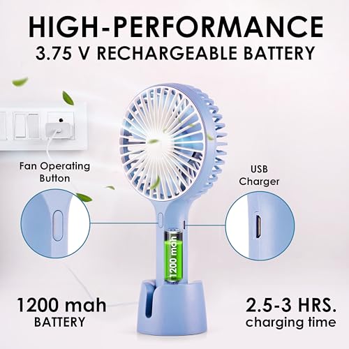 Gesto Portable Fan Rechargeable – USB Charging Hand Fan with 1200mAh Battery & 3 Speed Modes | Mini Fan, Small Fan, Handheld Fan – Ideal for Travel, Makeup, Kitchen | Women’s Personal Pankhaa - Blue - Image 3
