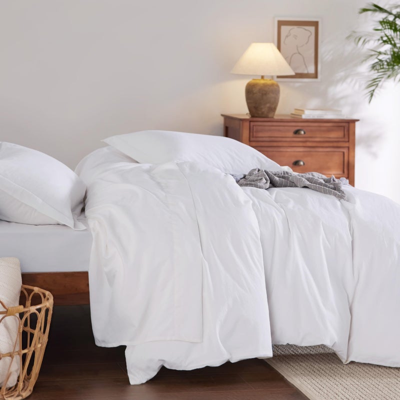 Bedsure 100% Washed Cotton Duvet Cover Queen - Bright White Minimalist Duvet Cover Linen Like - 3 Pieces GentleSoft™ Plain Simple Cotton Bedding Set with 2 Pillow Shams (Bright White, Queen, 90"x90") - Image 5