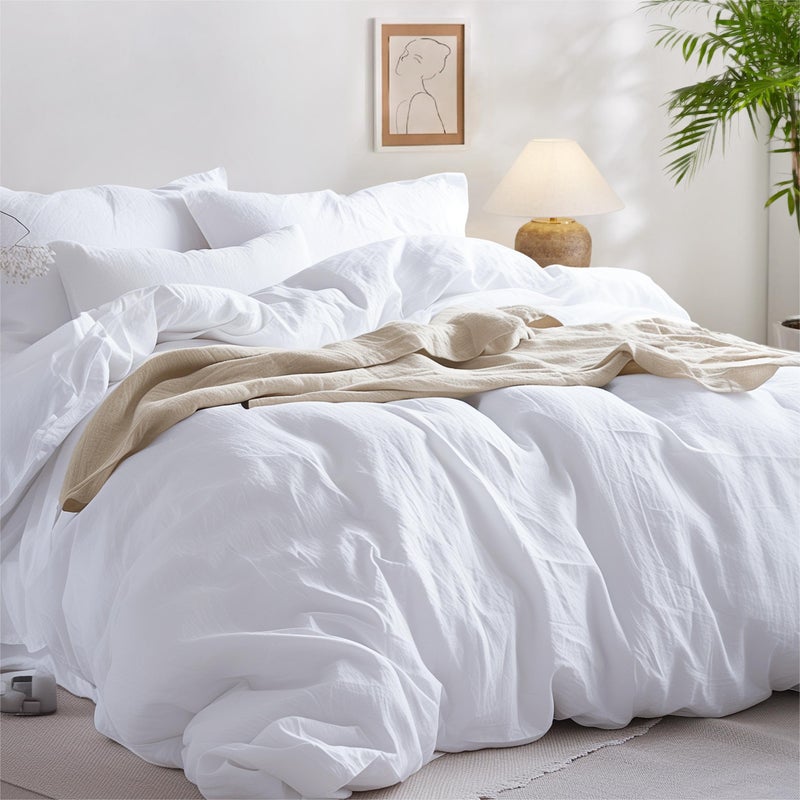 Bedsure 100% Washed Cotton Duvet Cover Queen - Bright White Minimalist Duvet Cover Linen Like - 3 Pieces GentleSoft™ Plain Simple Cotton Bedding Set with 2 Pillow Shams (Bright White, Queen, 90"x90") - Image 1