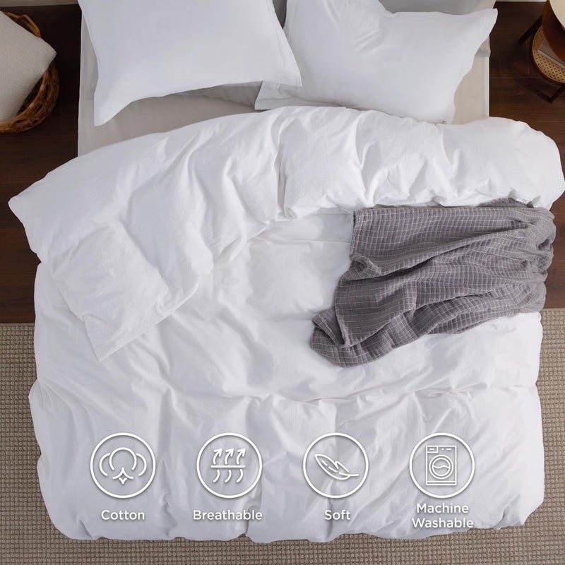 Bedsure 100% Washed Cotton Duvet Cover Queen - Bright White Minimalist Duvet Cover Linen Like - 3 Pieces GentleSoft™ Plain Simple Cotton Bedding Set with 2 Pillow Shams (Bright White, Queen, 90"x90") - Image 4