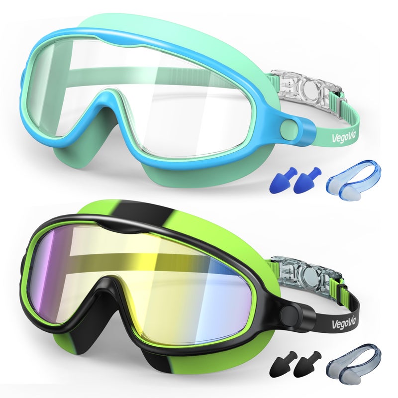 VegoVia Kids Swim Goggles 6-14 2 Pack, Swimming Goggles for Kids 8-14, Anti-Fog UV Protection for Toddler Youth Teens Boys Girls 8-12,180Â°Wide View No Leak for Pool Beach Open Water - Image 1