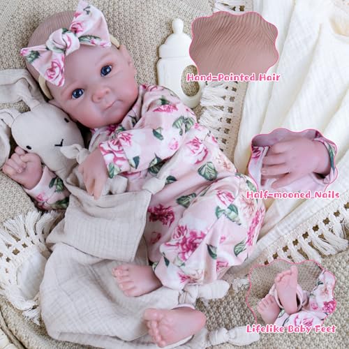 EKOKIZ 20 Inch Realistic Reborn Baby Doll Girl Lifelike Baby Dolls Soft Cloth Body Silicone Limbs Newborn Doll with Floral Outfit Accessories Gift Box for Kids 3 Collectors - Image 5