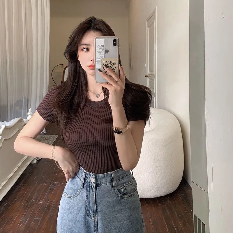 Korean Round Neck Knit Tee Summer Solid Stretch Brown