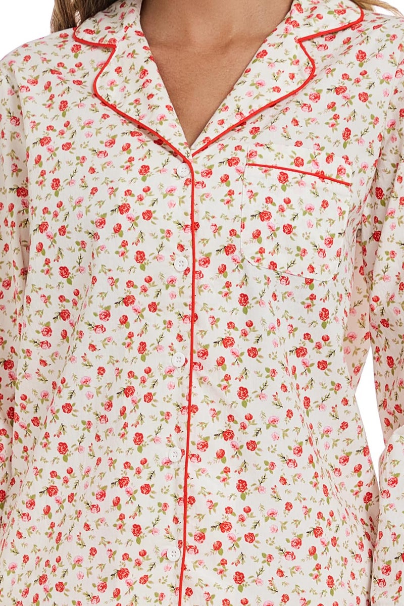 LUBOT 100% Cotton Pajamas for Women 2 Piece PJ Set Poplin Pajama Set Woven Long Sleeve Button-Down Printed Sleepwear Loungewear Set (Small Rose, M) - Image 2