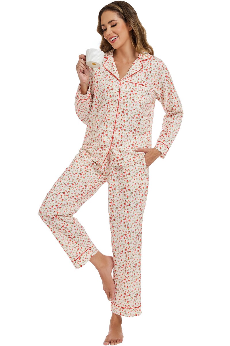 LUBOT 100% Cotton Pajamas for Women 2 Piece PJ Set Poplin Pajama Set Woven Long Sleeve Button-Down Printed Sleepwear Loungewear Set (Small Rose, M) - Image 3