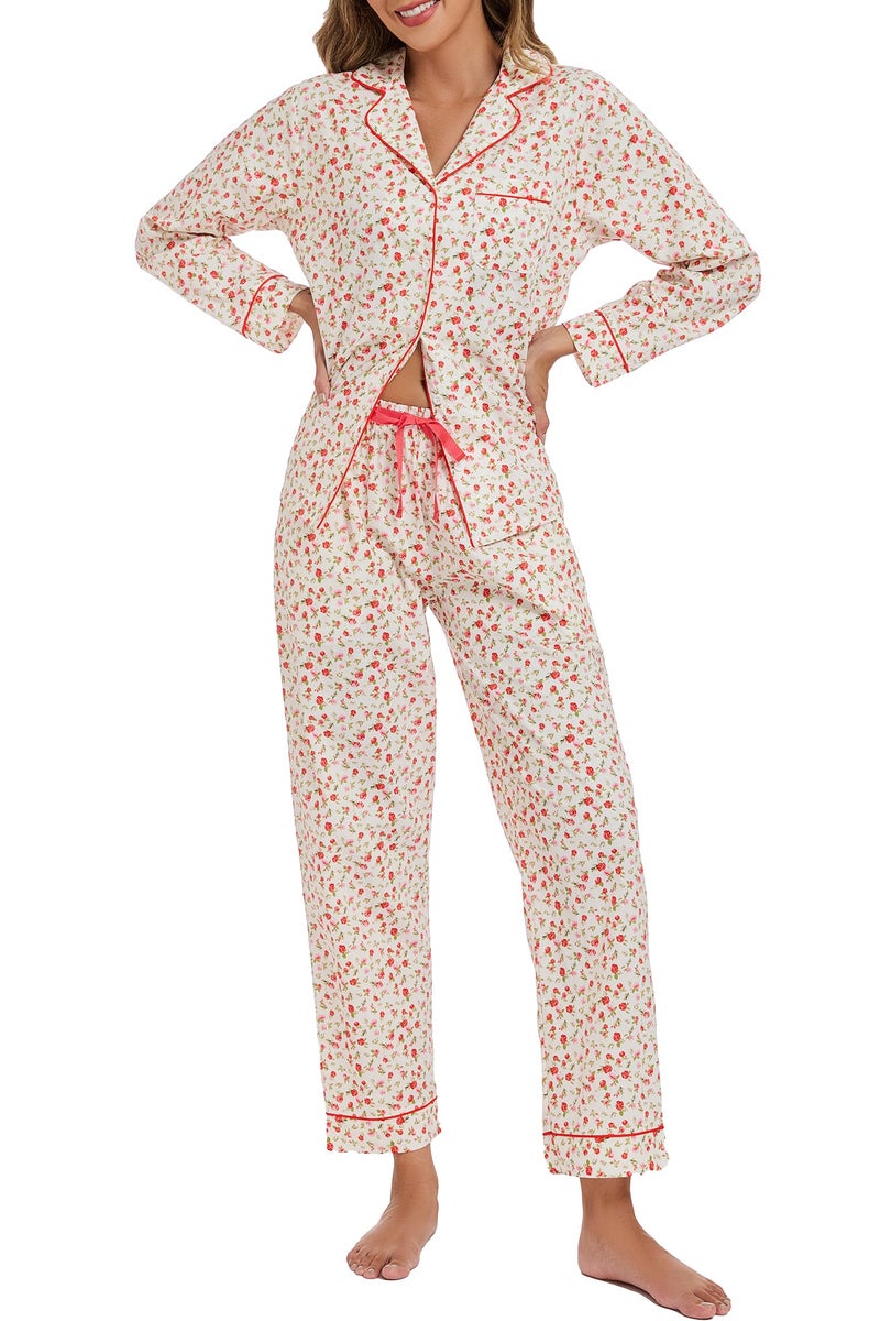 LUBOT 100% Cotton Pajamas for Women 2 Piece PJ Set Poplin Pajama Set Woven Long Sleeve Button-Down Printed Sleepwear Loungewear Set (Small Rose, M) - Image 1