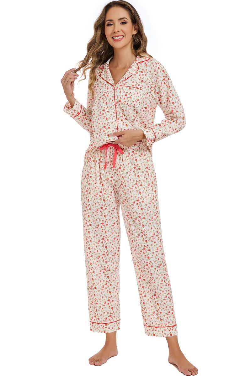 LUBOT 100% Cotton Pajamas for Women 2 Piece PJ Set Poplin Pajama Set Woven Long Sleeve Button-Down Printed Sleepwear Loungewear Set (Small Rose, M) - Image 4