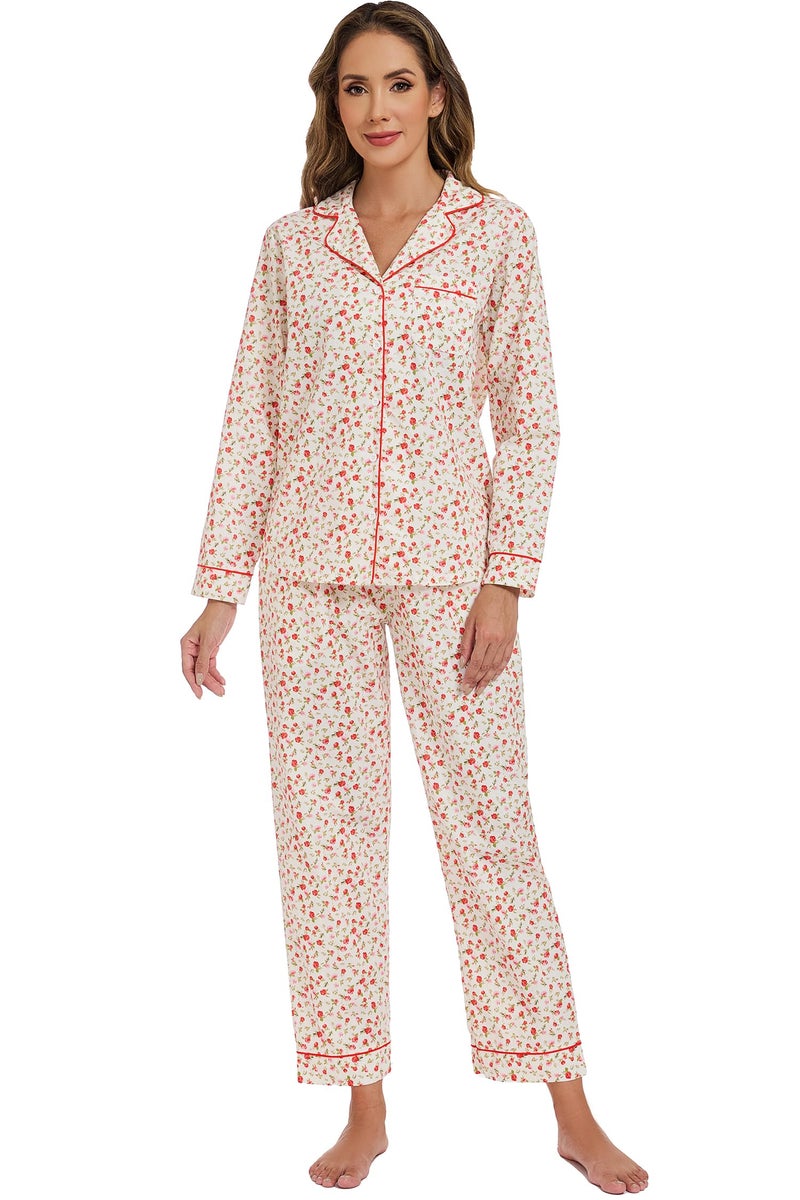 LUBOT 100% Cotton Pajamas for Women 2 Piece PJ Set Poplin Pajama Set Woven Long Sleeve Button-Down Printed Sleepwear Loungewear Set (Small Rose, M) - Image 5