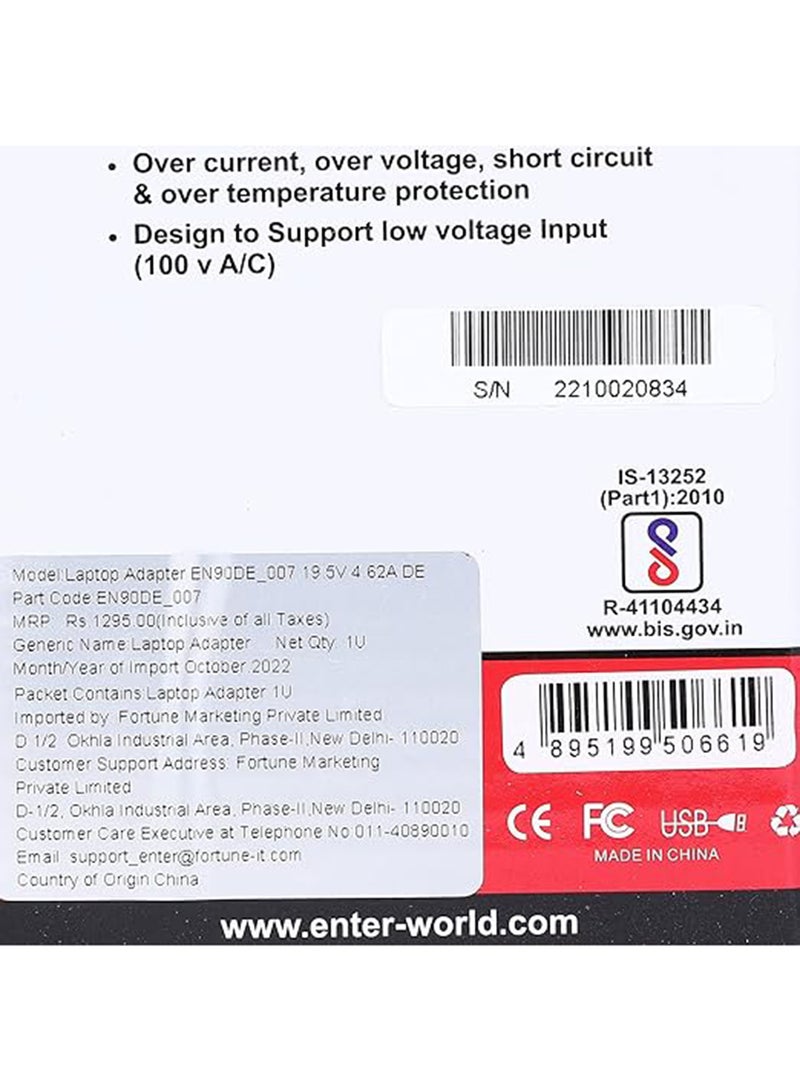 Enter Renewed -  Bis Certified 90W, 19.5V/4.62A, 3 Pin High-Efficiency Ac Laptop Charger/Adapter for Dell Laptops (Without Power Cord) - Image 3