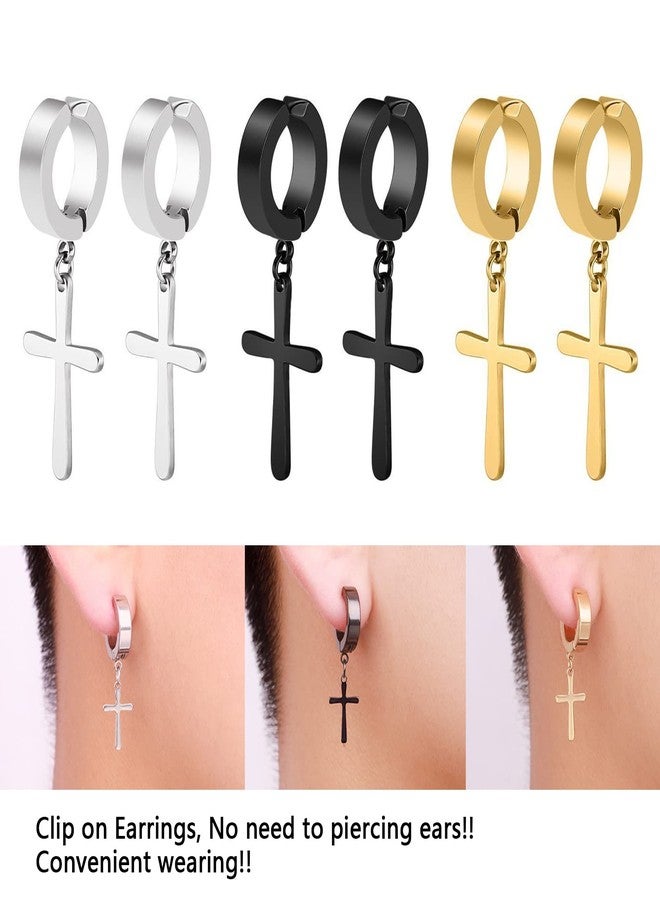 CCBFY Non-pierced Earrings Set for Men Women Cross Titanium Steel Hoop Dangle Clip On Earring, Metal, No Gemstone, - Image 5