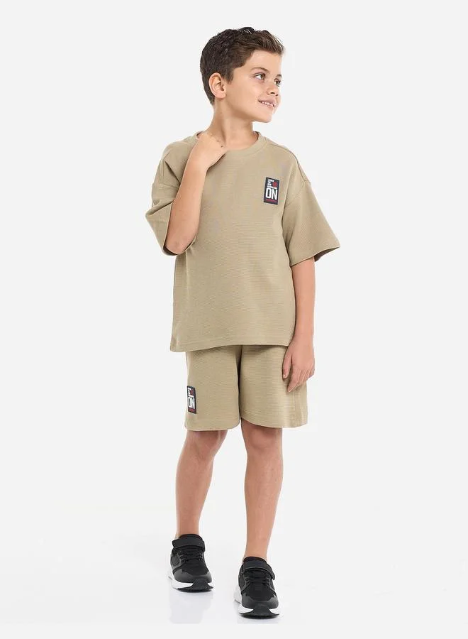 فكتور اند جين Victor And Jane Boys Khaki Textured Oversized T-Shirt and Shorts Set