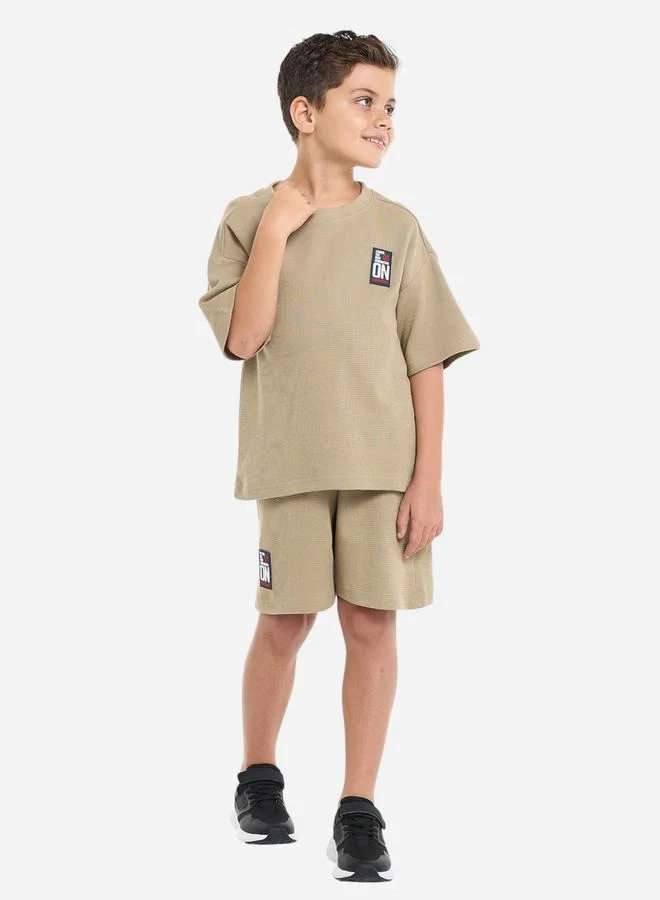فكتور اند جين Victor And Jane Boys Khaki Textured Oversized T-Shirt and Shorts Set