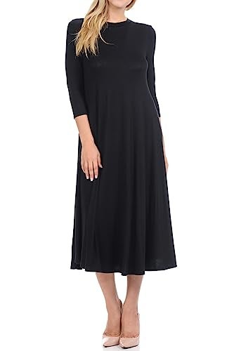iconic luxe Women's Swing Midi Dress – 3/4 Sleeve Flowy A-Line Tunic – Soft, Stretchy, Comfortable, and Versatile Casual Dress for Everyday Wear X-Large Black - Image 2