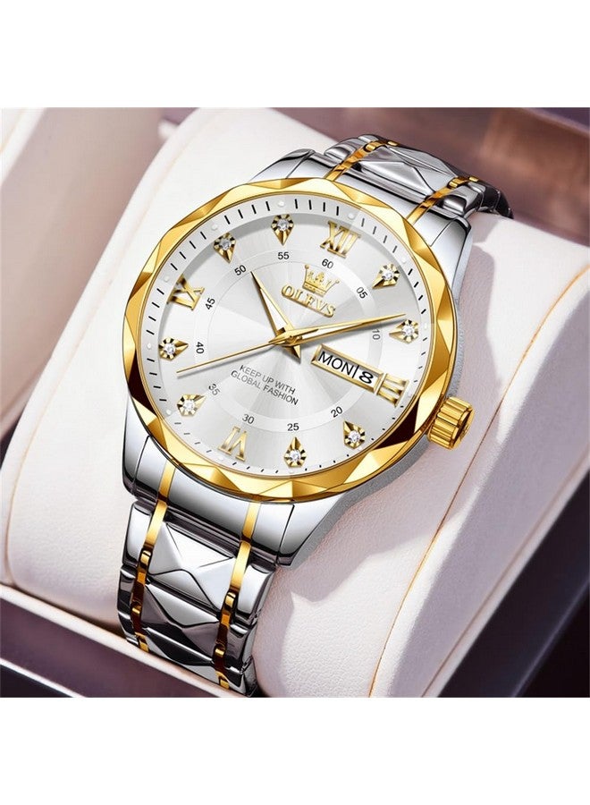 OLEVS Watches for Men Diamond Date Day Calendar White Wrist Watches Quartz Analog Business Stainless Steel Two Tone Waterproof Luminous Men Watch - Image 3
